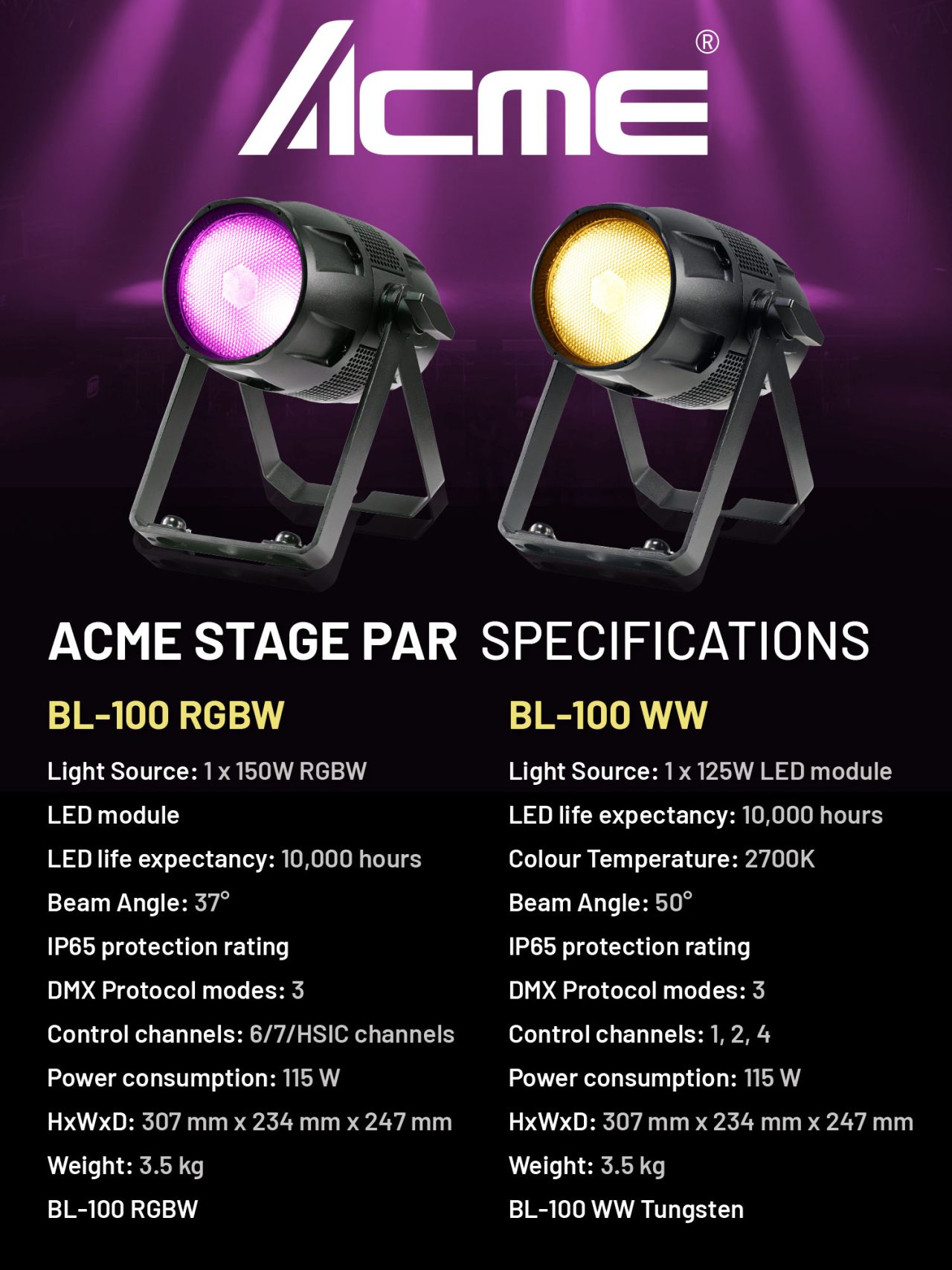Acme Stage PAR BL-100 product and specification graphic.