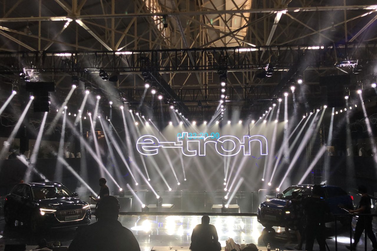 White beams filling the Audi e-tron launch venue.