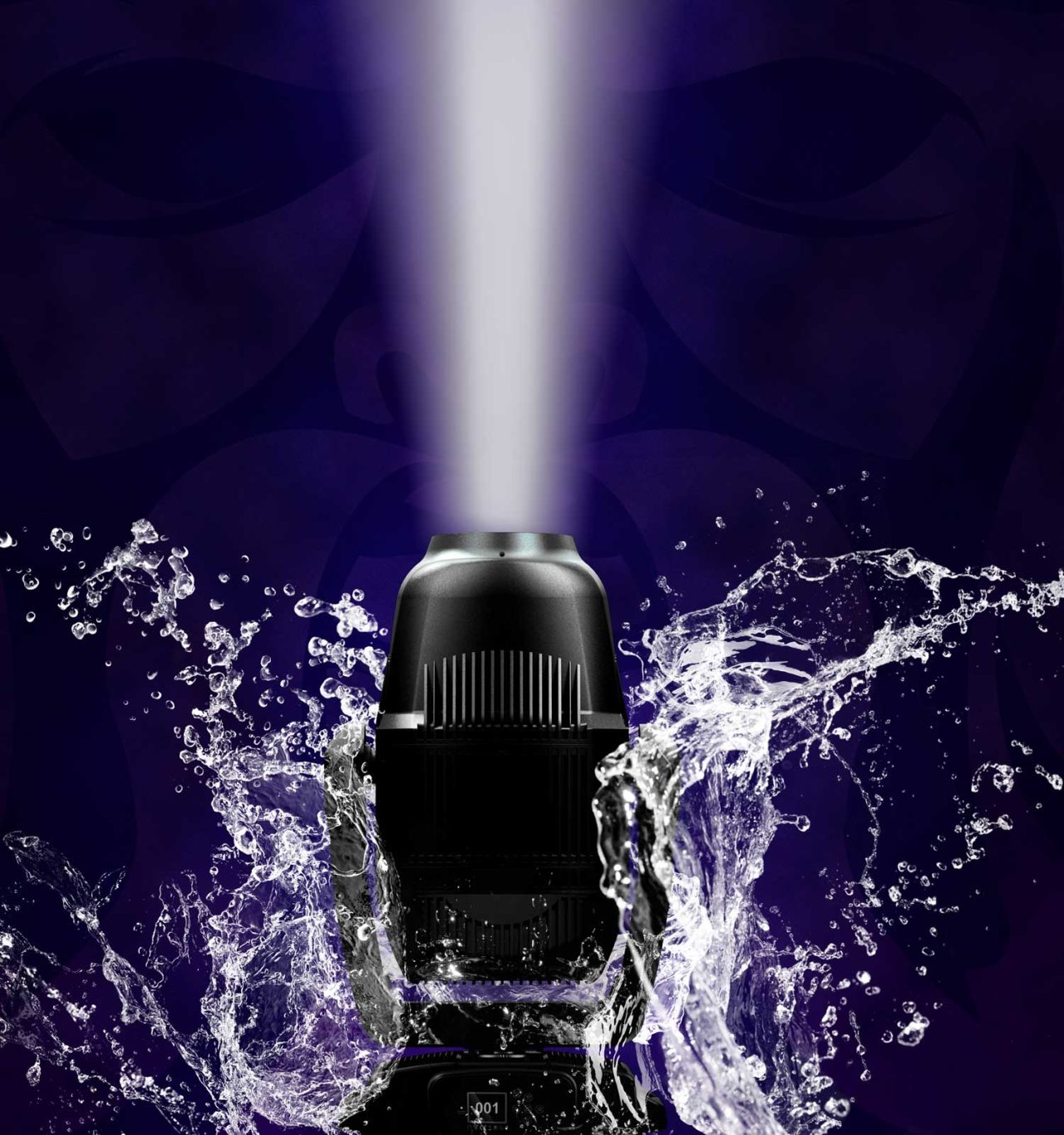 Portrait-format image of a Proteus fixture splashed with water.