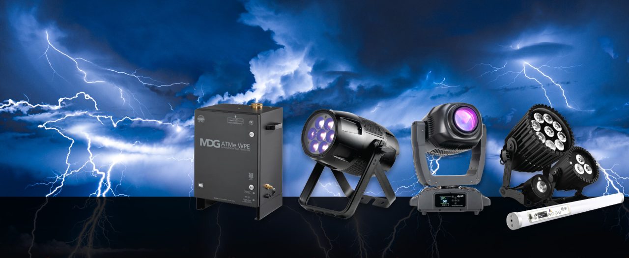 Weatherproof lighting and effects products against a stormy sky graphic.