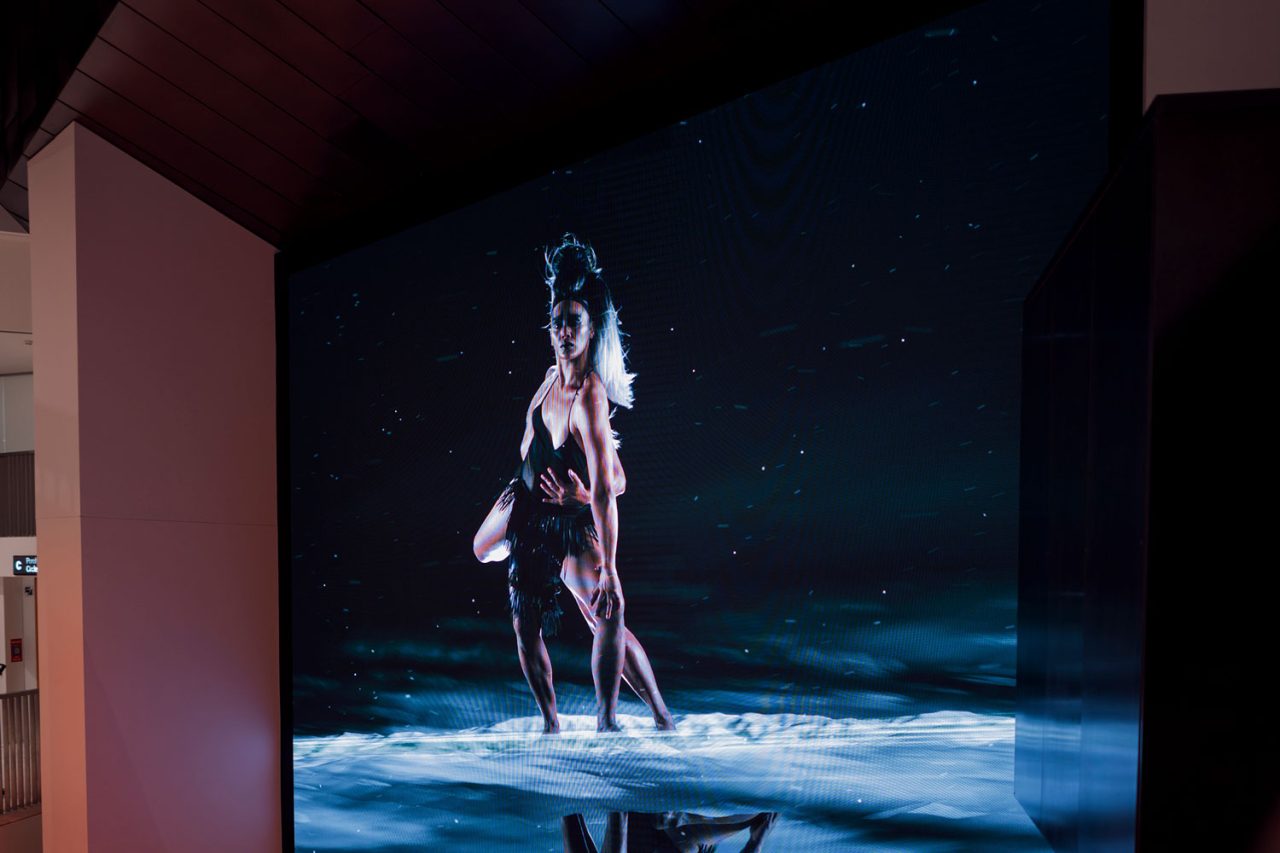 A figure above water in Lisa Reihana's digital artwork at the Aotea Centre.