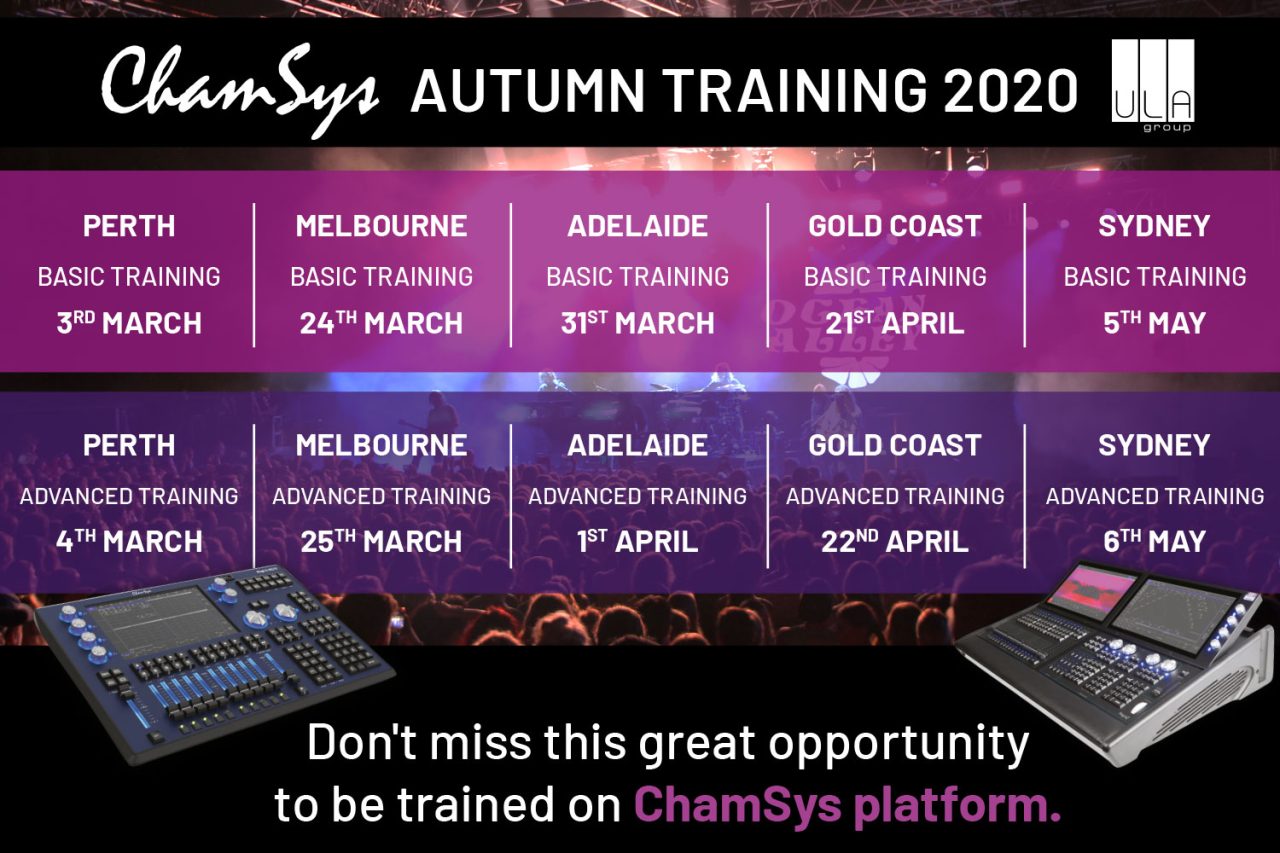 ChamSys Autumn Training 2020 schedule for Australian cities.