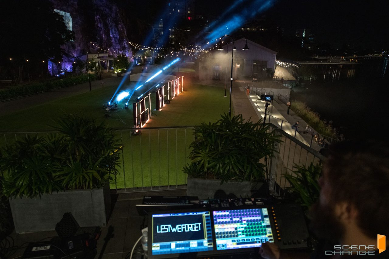 Lighting-control screen overlooking the Anzac tribute at Howard Smith Wharves.