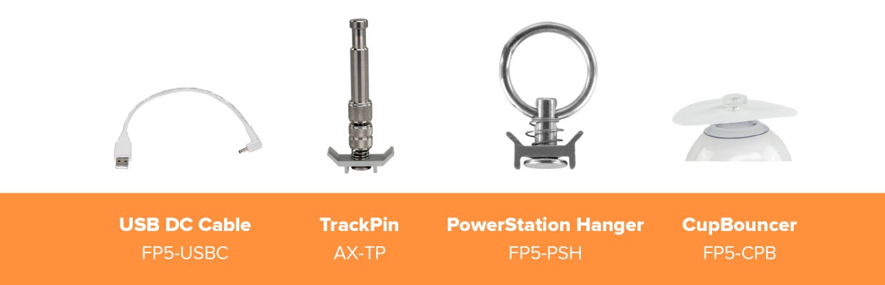 Astera NYX Bulb accessories including a USB cable, mounting pin, hanger and cup bouncer.