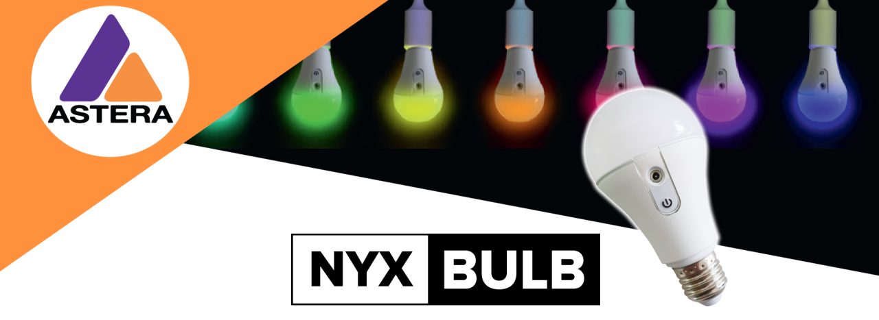 Astera NYX Bulb graphic with a white bulb and a row of coloured bulbs.