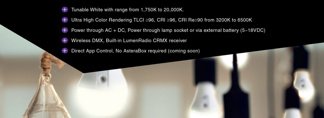 Astera NYX Bulb specification banner above hanging lamps.