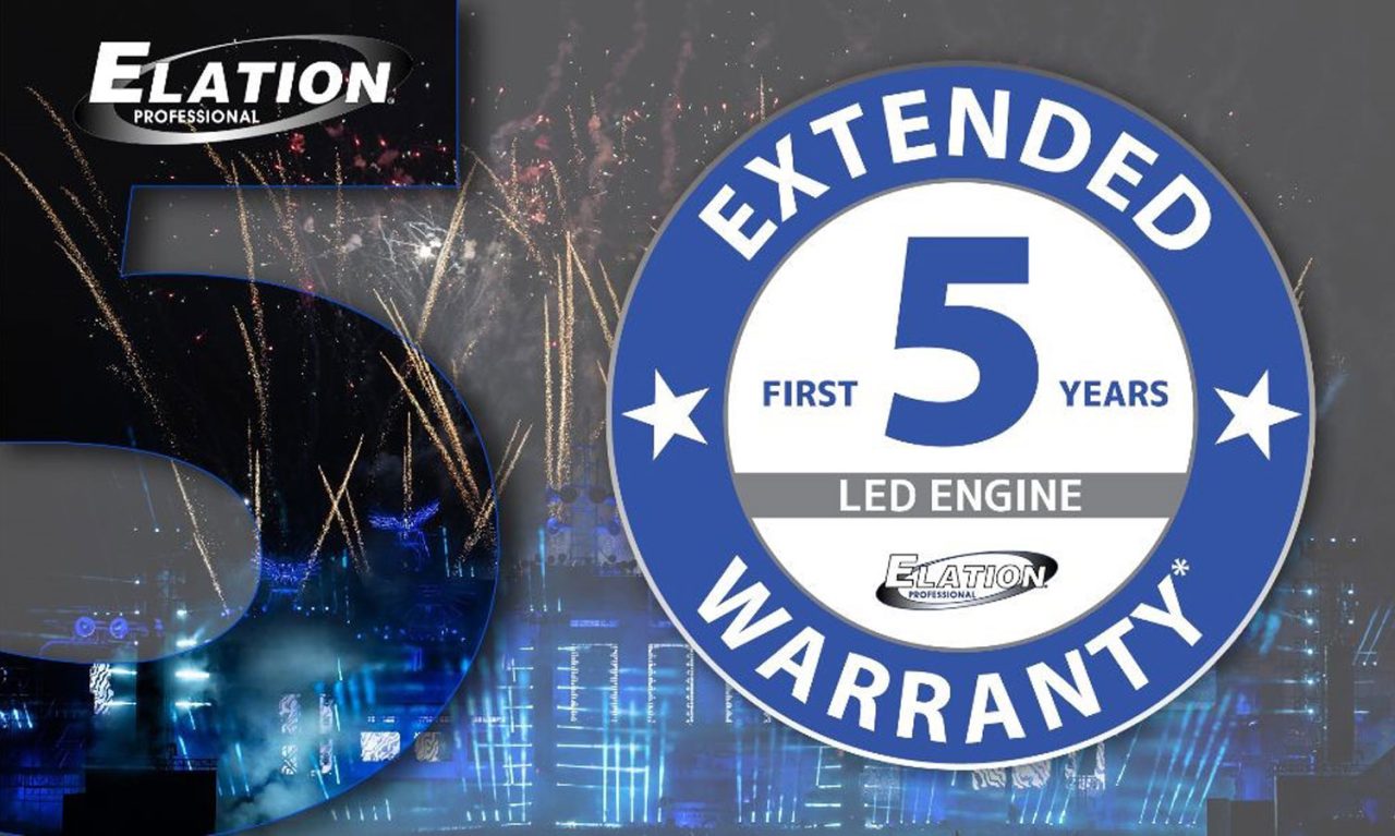 Elation promotional graphic advertising an extended five-year LED engine warranty.