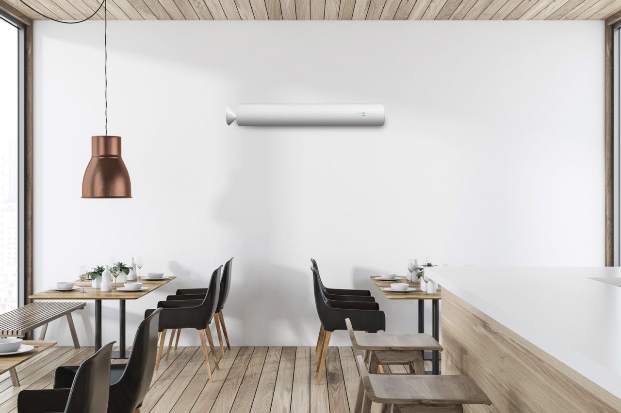 Luxibel B Air unit mounted above tables in a cafe.