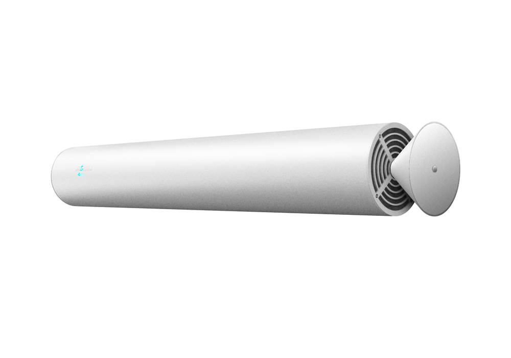 White cylindrical Luxibel B Air unit with end ventilation grilles.