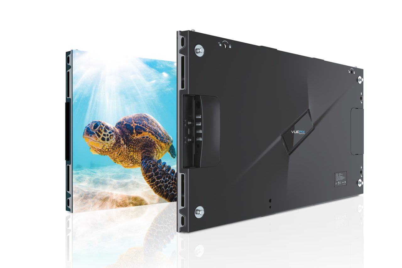 Front and rear views of a slim display panel.
