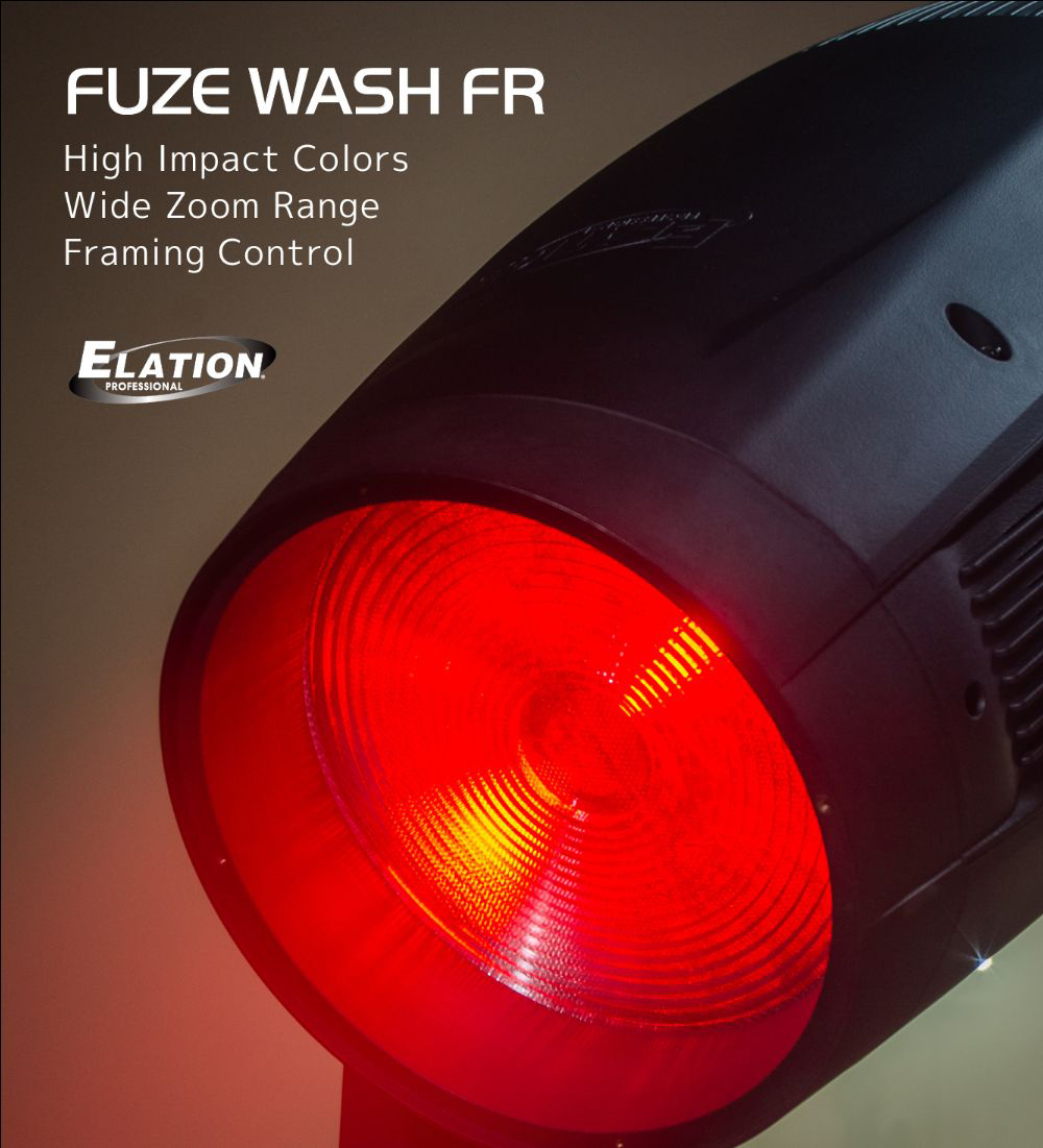 Elation Fuze Wash FR promotional graphic with a red-lit lens.