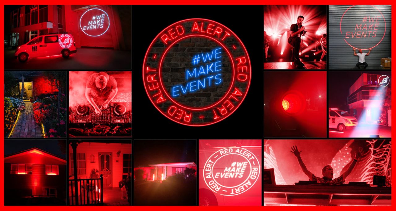 Collage of red-lit venues supporting the We Make Events Red Alert campaign.