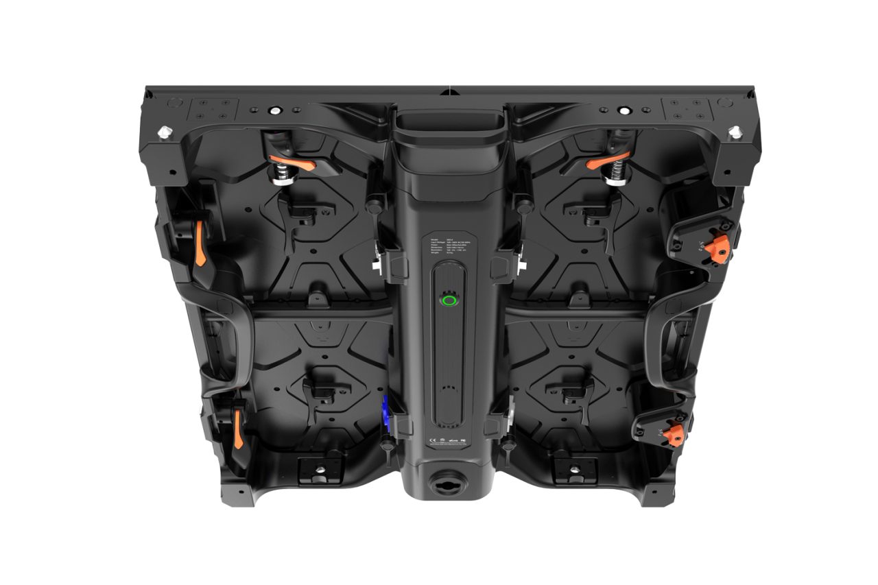 Angled rear view of a modular LED video panel.