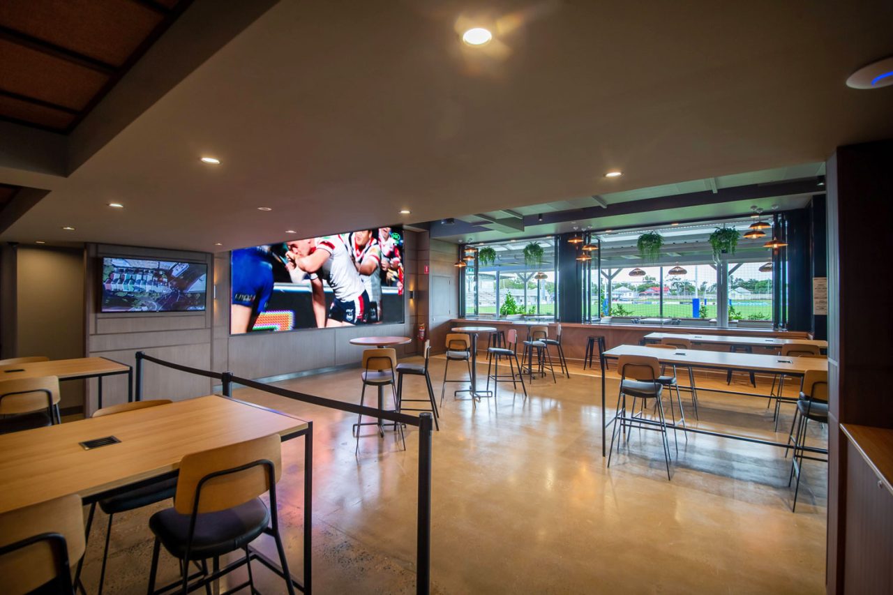 Indoor screen above the seating area at Rockhampton Leagues Club.