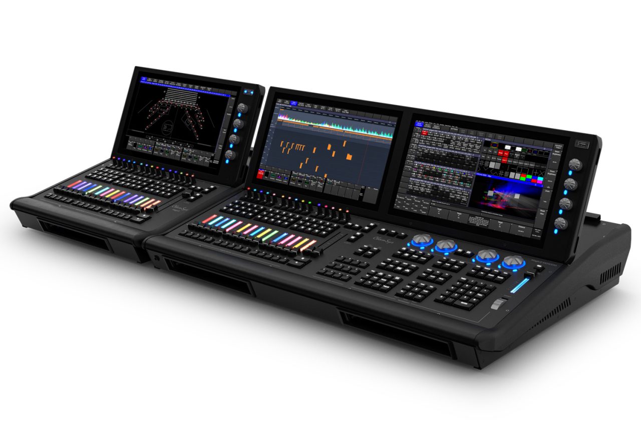 ChamSys MagicQ MQ500M console and control wing shown at an angle.