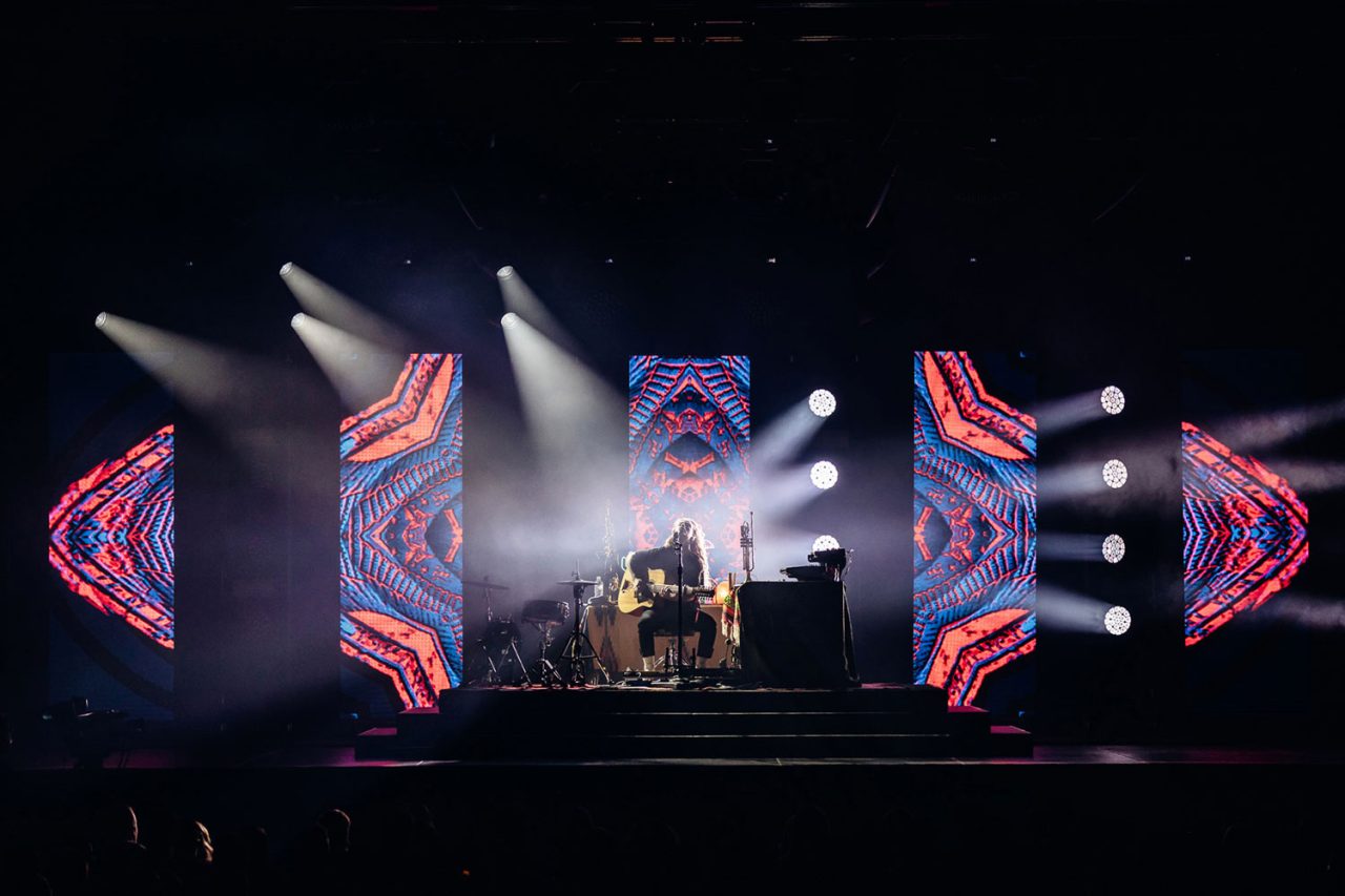 Wide view of the Great Southern Nights stage and its curved arrangement of digital displays.