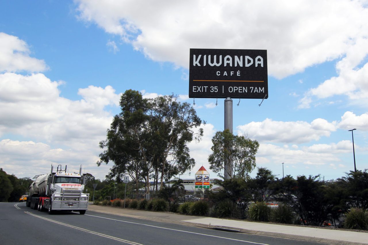 Roadside digital billboard at Zarraffa’s Eagleby headquarters advertising Kiwanda Café.