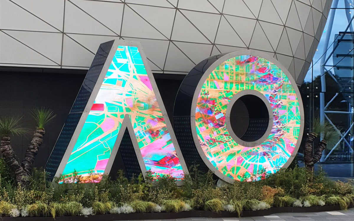 AO digital letter sculpture displaying colourful graphics at the Australian Open.
