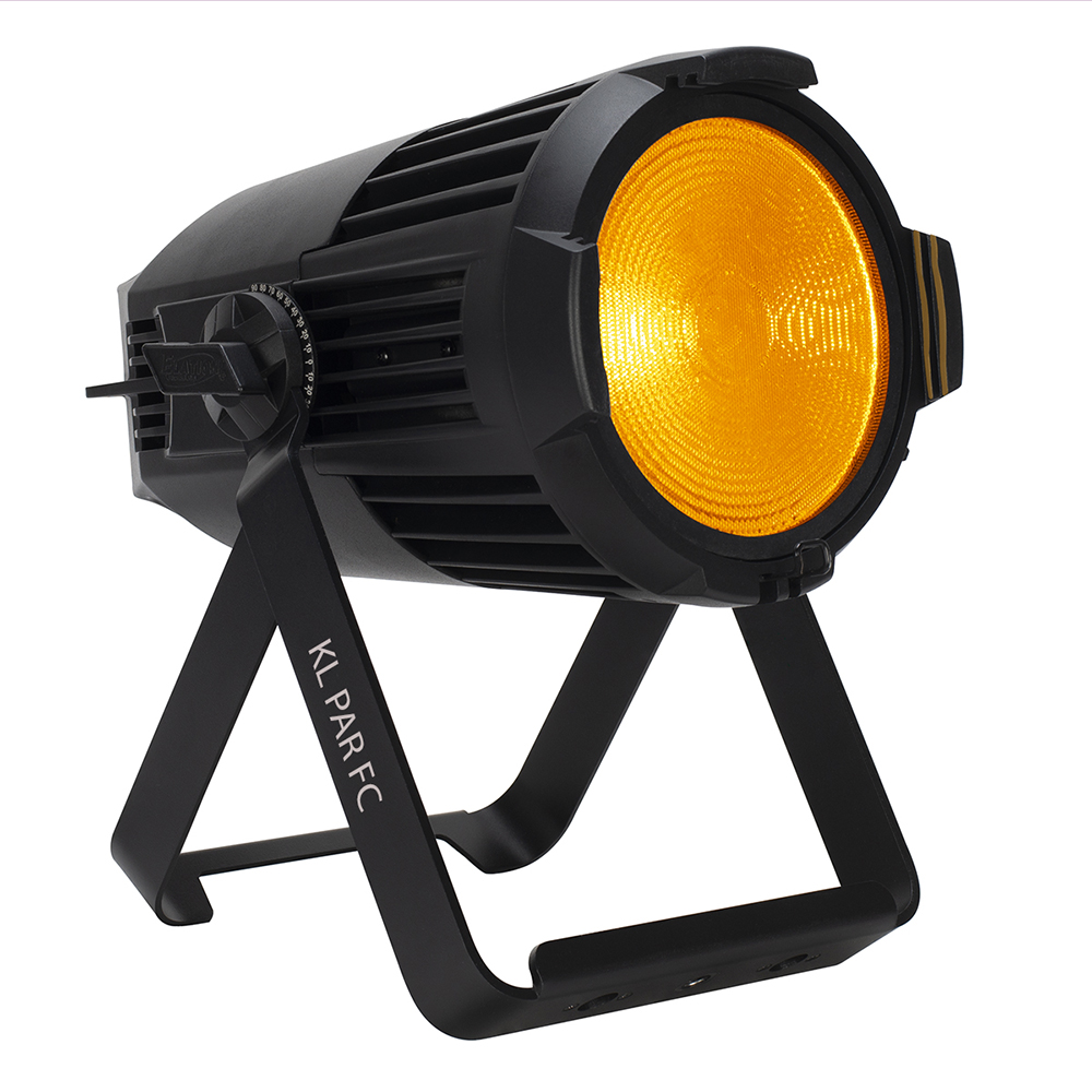 Elation KL PAR FC fixture emitting amber light on its bracket stand.