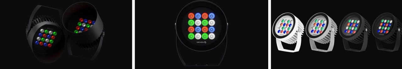 Griven Jupiter fixtures and coloured LED arrays against a black background.