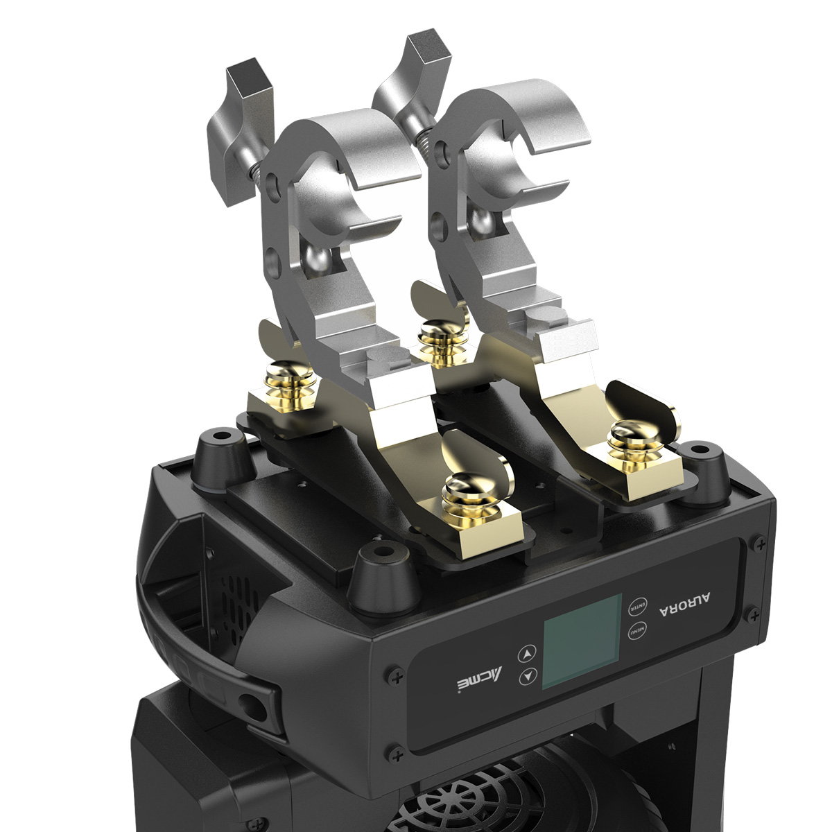 Close view of mounting clamps on an Acme Aurora fixture.