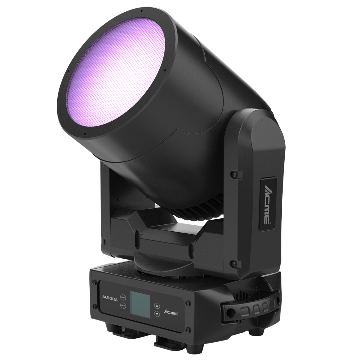 Acme Aurora moving-head fixture with its illuminated head tilted upward.
