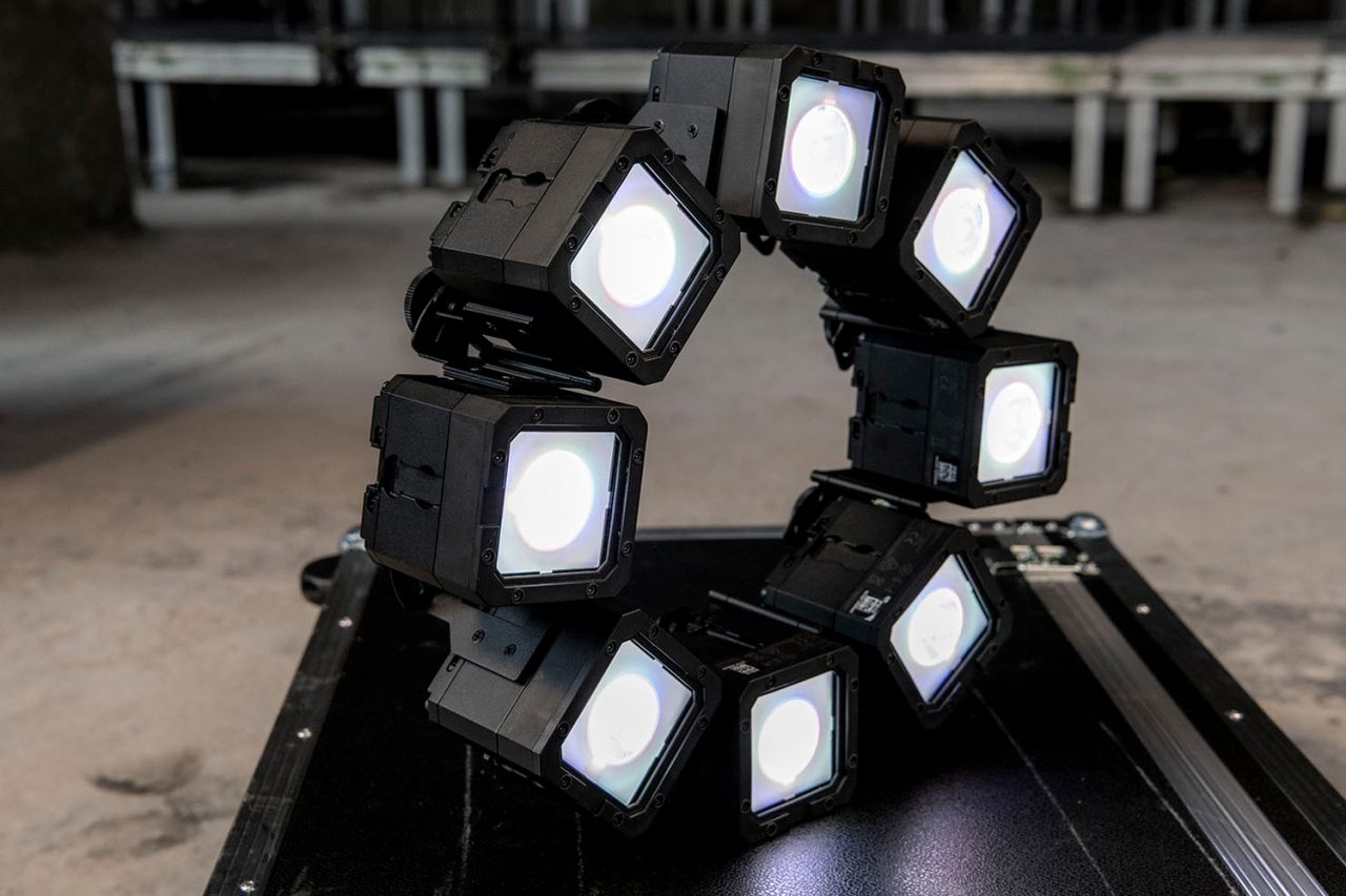 Astera PixelBricks joined into a circular ring with white lenses.