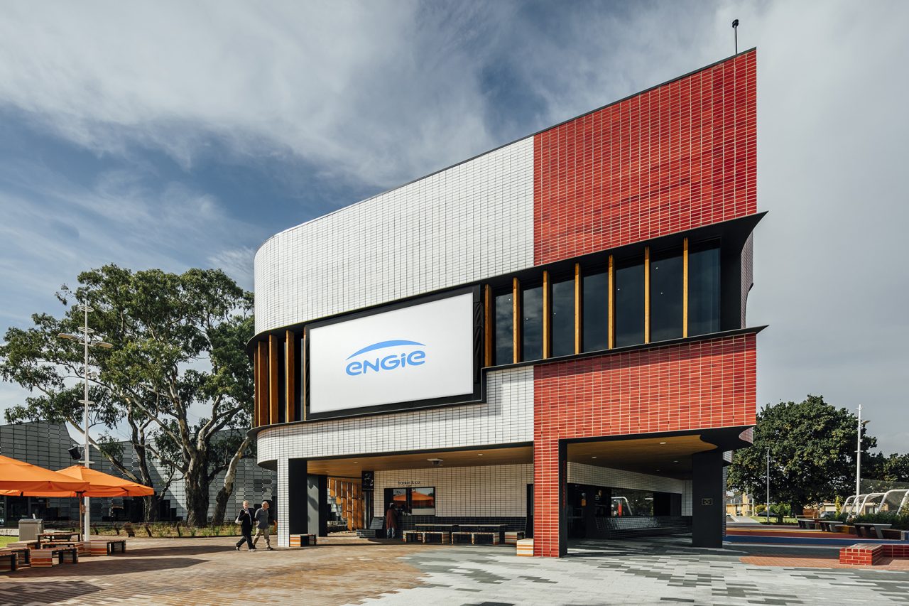 The Springvale Urban Screen displaying ENGIE branding against the red and white facade.