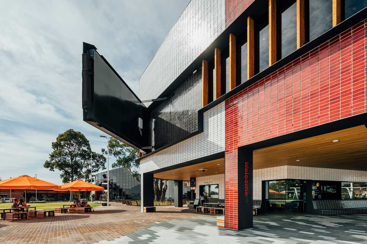 Side view of the Springvale Urban Screen tilted away from the facade on its mounting structure.