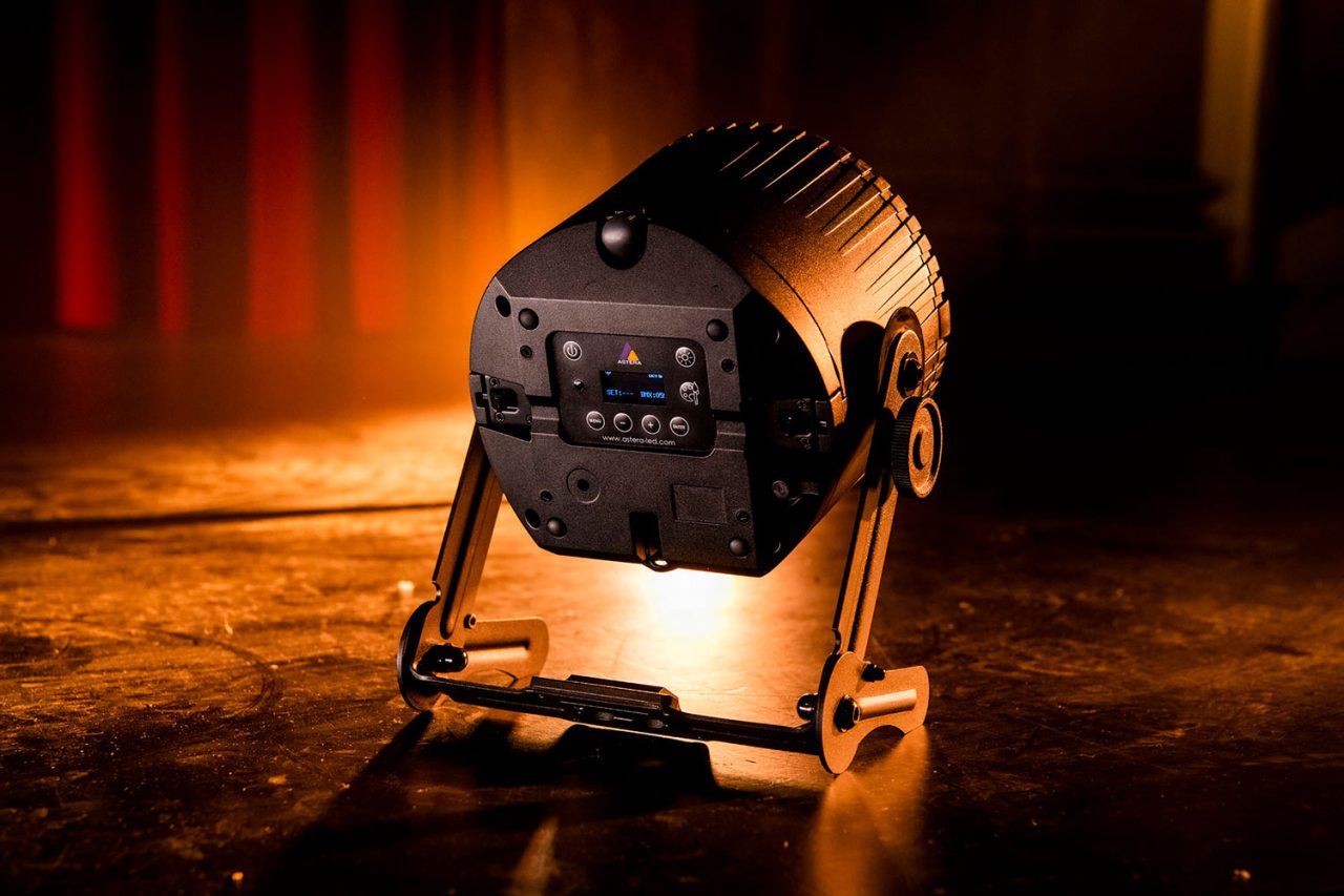 Rear control panel of an Astera AX9 PowerPAR on its stand.