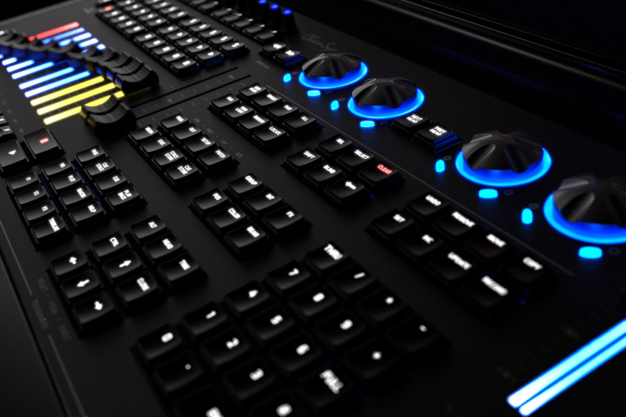 Close view of illuminated faders, buttons and encoders on the MQ250M console.