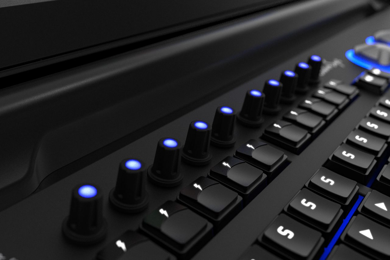 Close view of blue-lit encoders and buttons on the ChamSys MQ250M console.