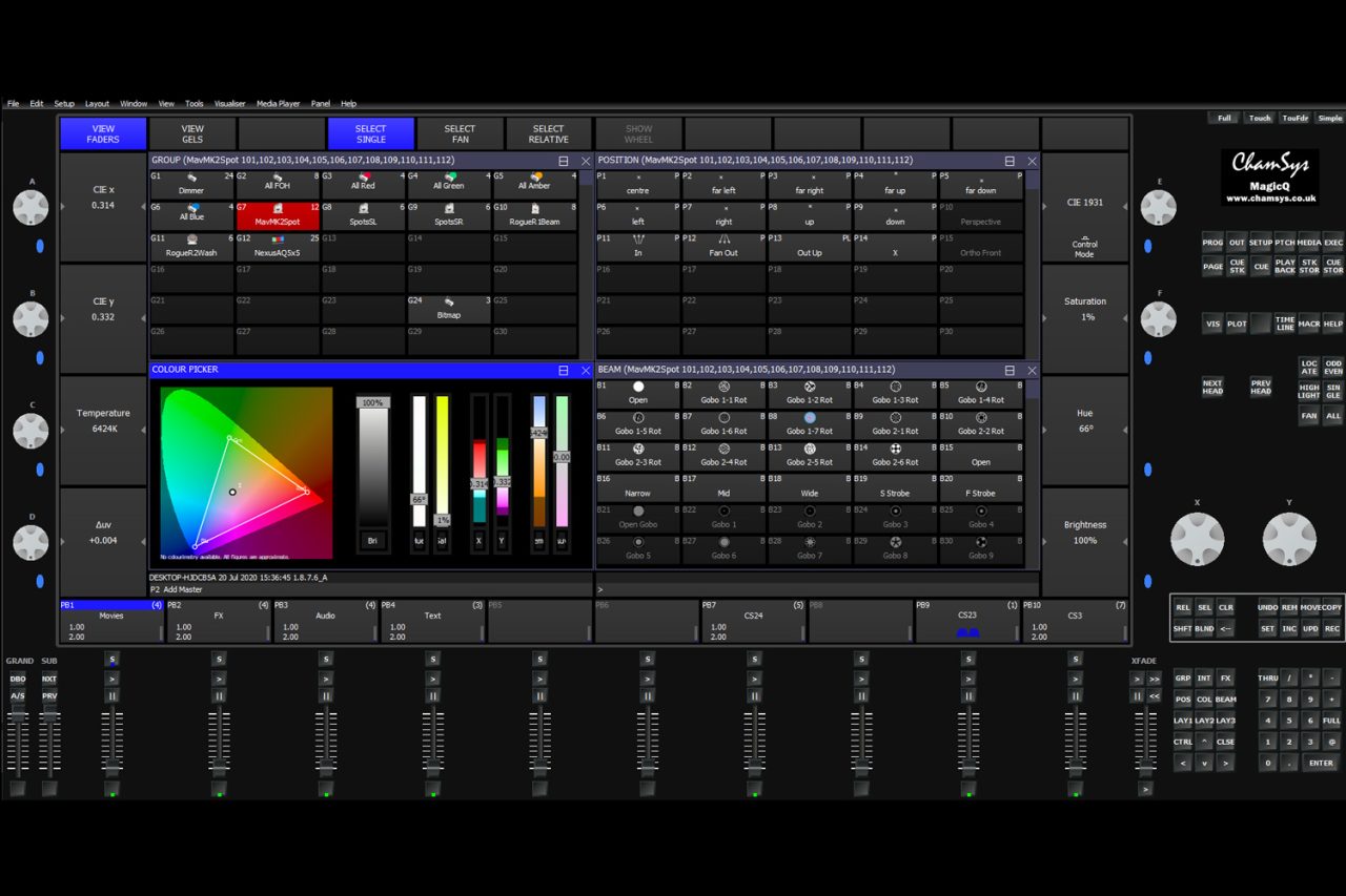 MagicQ control interface showing lighting palettes, colour tools and playback controls.