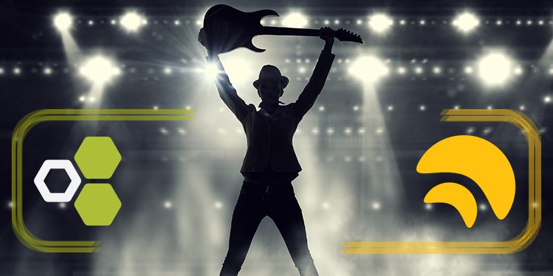 Silhouetted musician between CRMX and W-DMX symbols in LumenRadio campaign artwork.