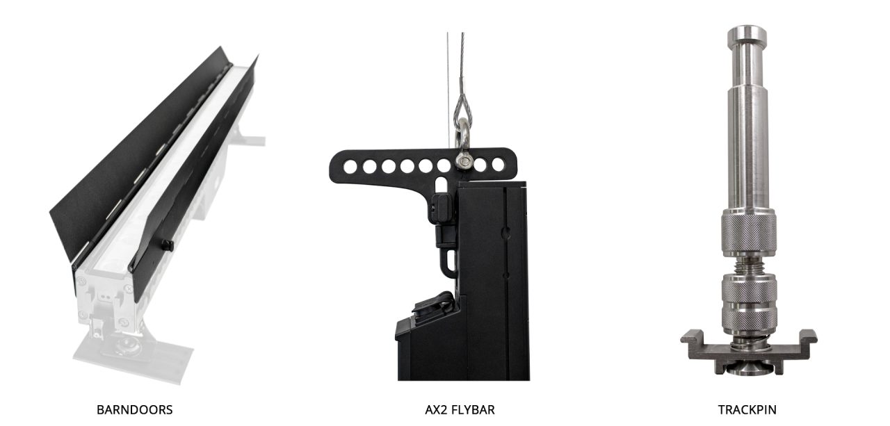Barn doors, hanging bracket and mounting pin for an Astera AX2 PixelBar.