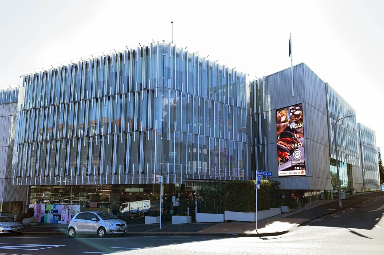 Street view of 100 Parnell Road and its vertical outdoor LED screen.