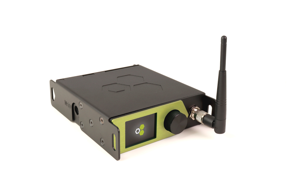 LumenRadio Aurora wireless DMX unit with an antenna.