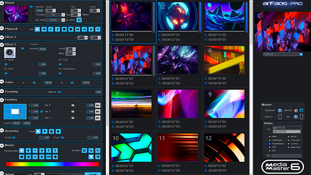 MediaMaster 6 interface displaying fixture controls and media thumbnails.