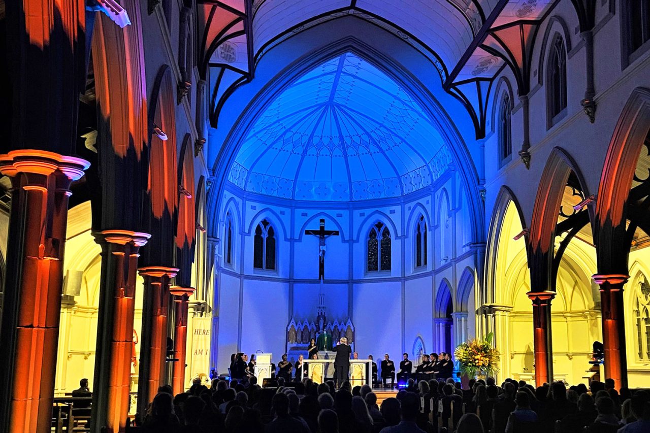 Blue light across the dome and warm uplighting on columns at St Joseph's Church in Subiaco.