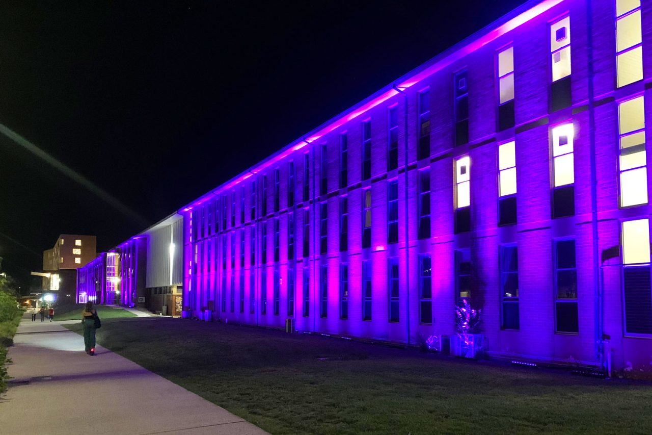 Purple lighting along an Australian National University building during Enlighten.