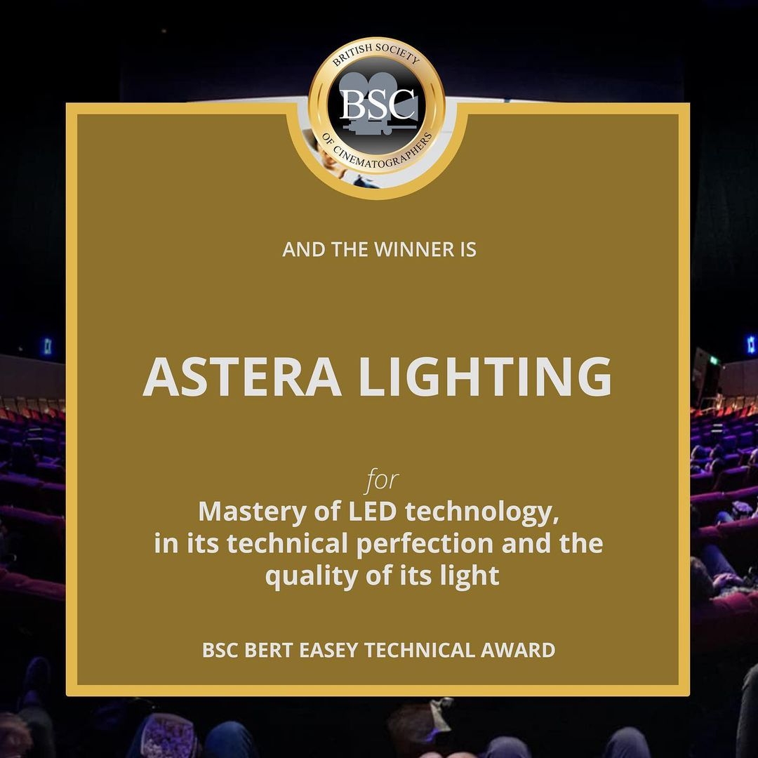 Bert Easey Technical Award plaque recognising Astera Lighting.