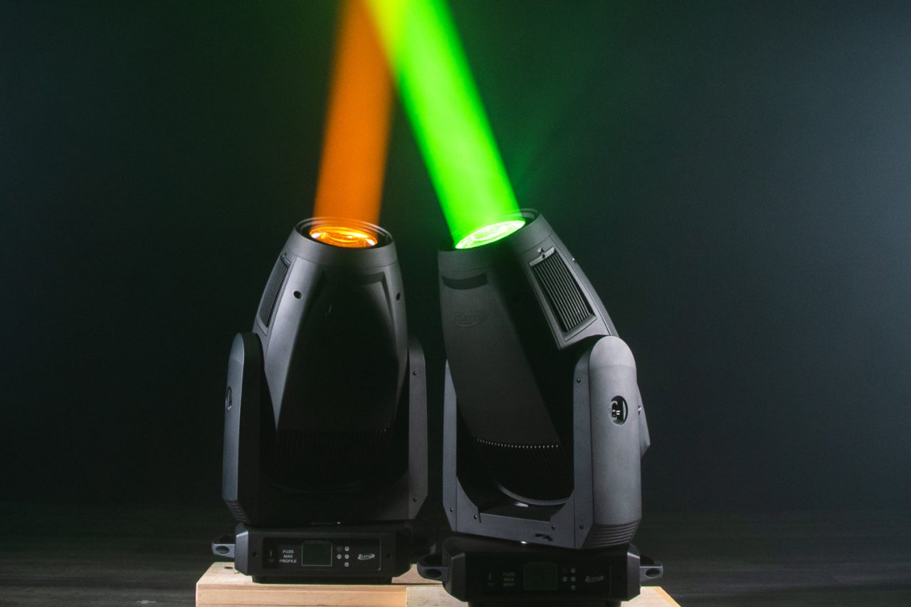 Two Fuze MAX fixtures projecting orange and green beams.