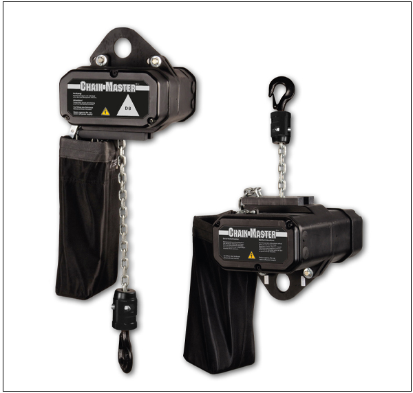 Two ChainMaster D8 Plus chain hoists with hooks and chain bags.