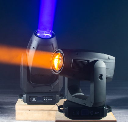 Two Fuze MAX fixtures demonstrating orange and blue beams.
