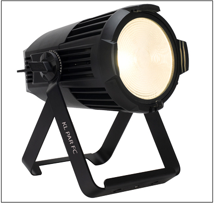 Elation KL PAR FC emitting white light on its bracket stand.