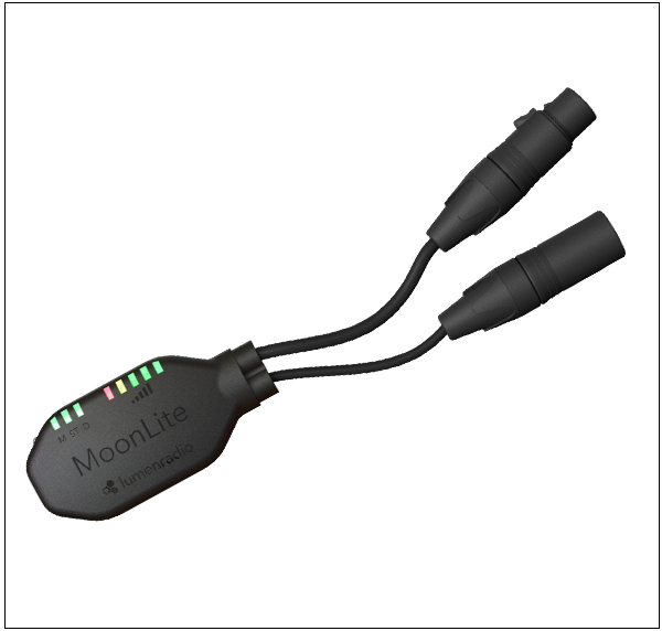 LumenRadio MoonLite wireless DMX interface with two leads.