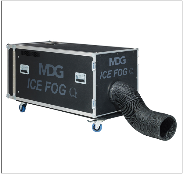 MDG Ice Fog Q unit in a wheeled case with an output hose.