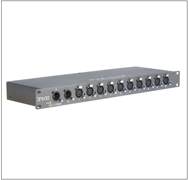 NETRON DMX10 rack-mounted splitter with a row of front outputs.