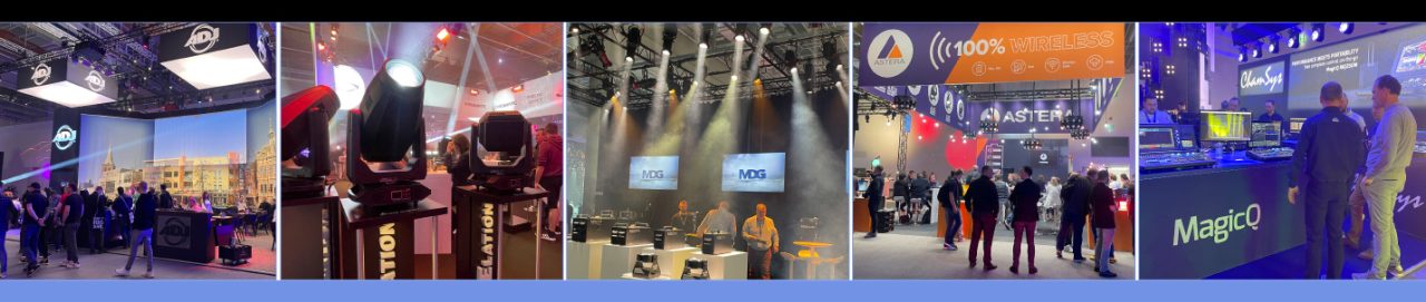 Collage of exhibition stands, equipment and visitors at Prolight and Sound 2022.