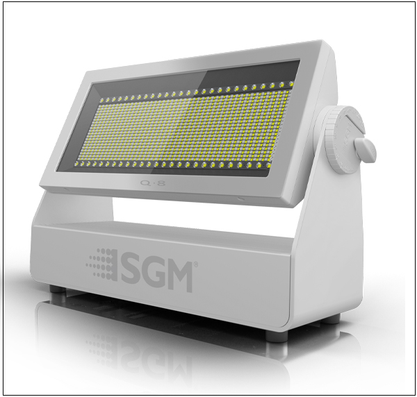White SGM Q8 rectangular lighting fixture on its stand.